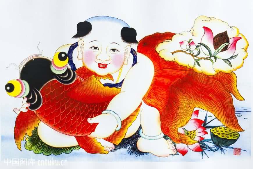 这是一幅受人喜爱的年画,娃娃寓意为多子,鲤鱼寓意年年有余;也有说法