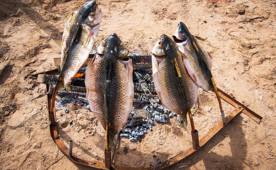 古代野外烤鱼图片