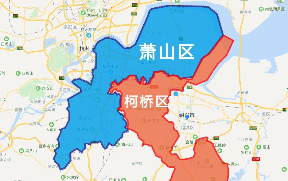 从地图上看,杭州的城界到了萧山这边刚好内凹了一块进去,柯桥天生就像