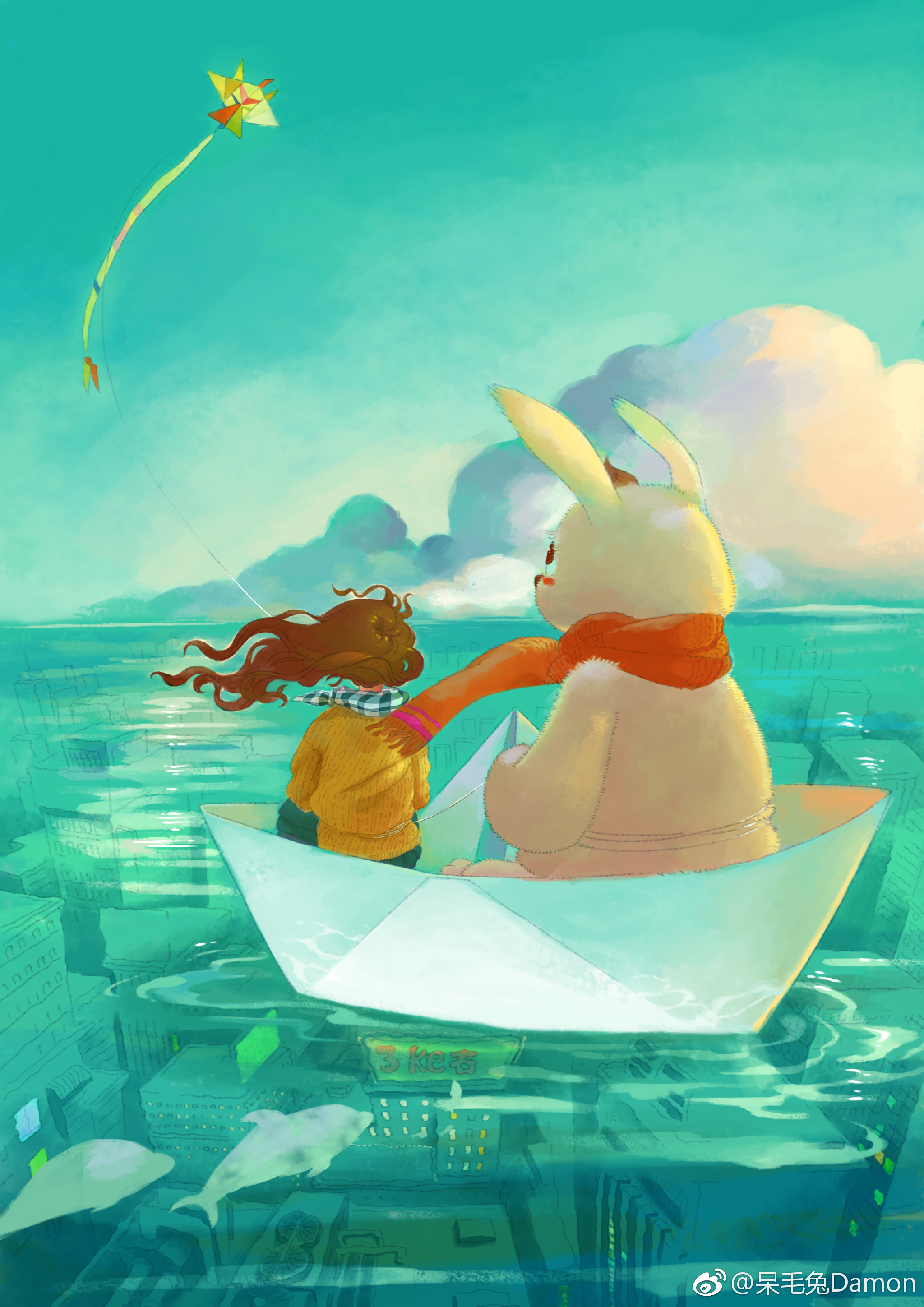 一组暖暖的插画~画里的呆毛兔一直陪伴着女孩~简直太暖心啦~ ‖.