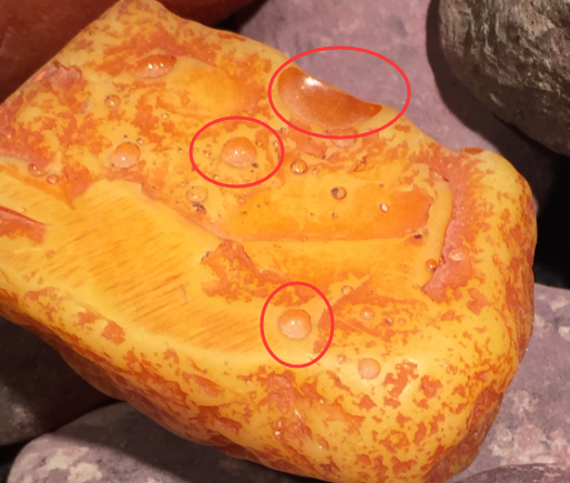 气泡炸裂产生的坑是辨别塑料的一个重要特征 2留意纹路 天然的蜜蜡