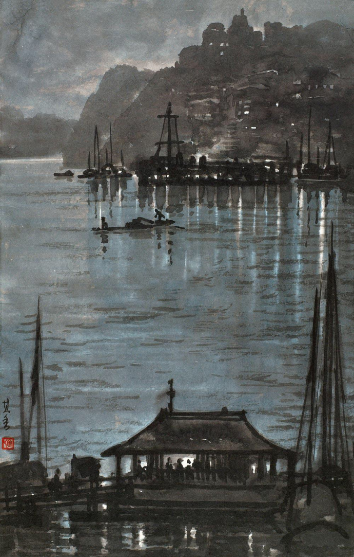 宗其香用贵州土纸,用中国画笔墨作重庆夜景灯光明灭,楼阁参差