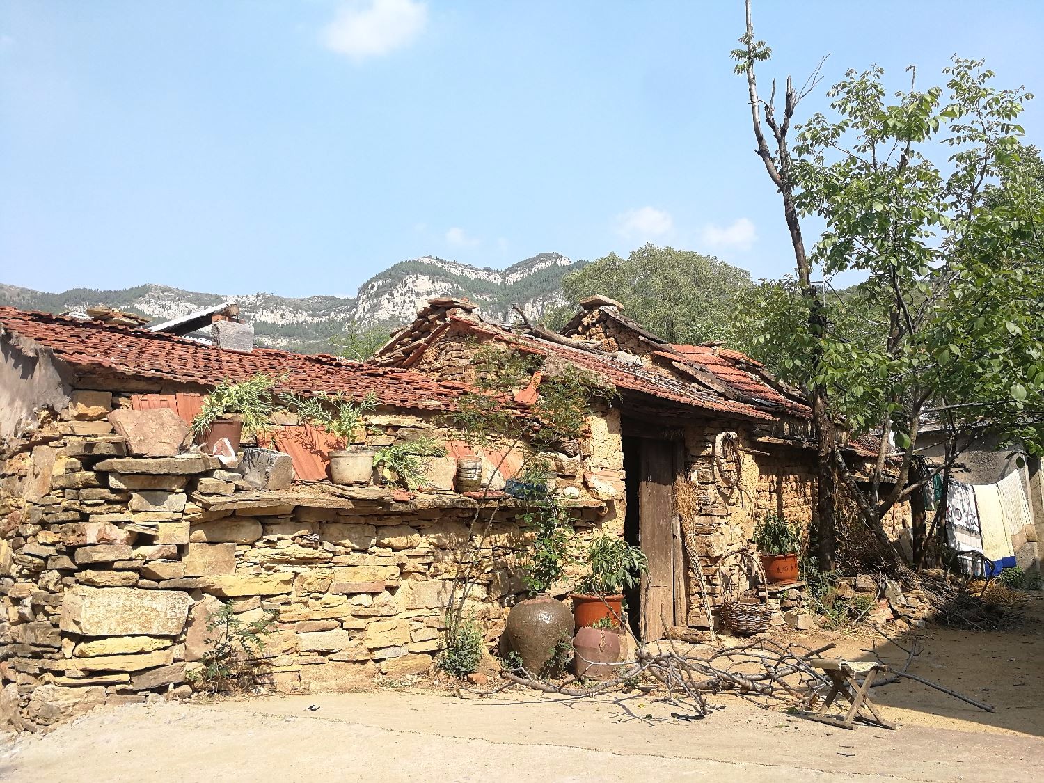 村里的老房子.在村中,还有不少土坯房子,墙面已经风化.村里的小路.
