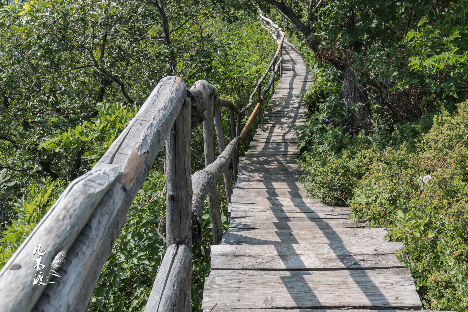 山间木栈道,在透过树木缝隙的太阳下,浮动着斑驳的光影.行走其上