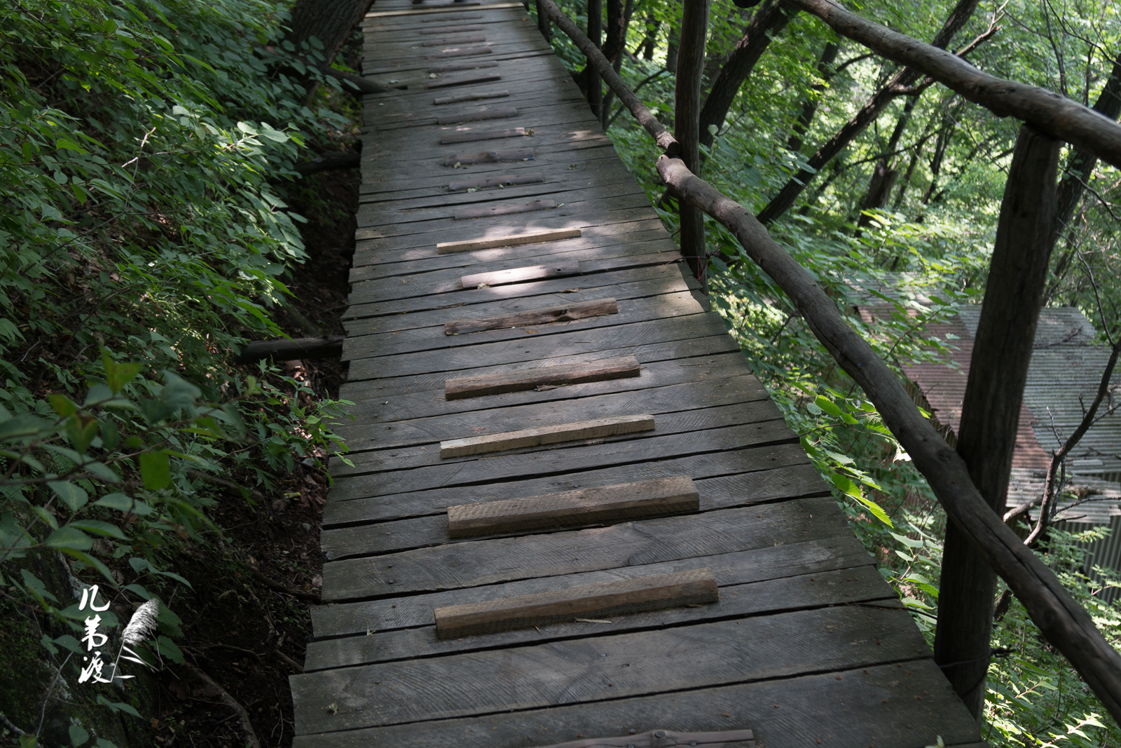 山间木栈道,在透过树木缝隙的太阳下,浮动着斑驳的光影.行走其上