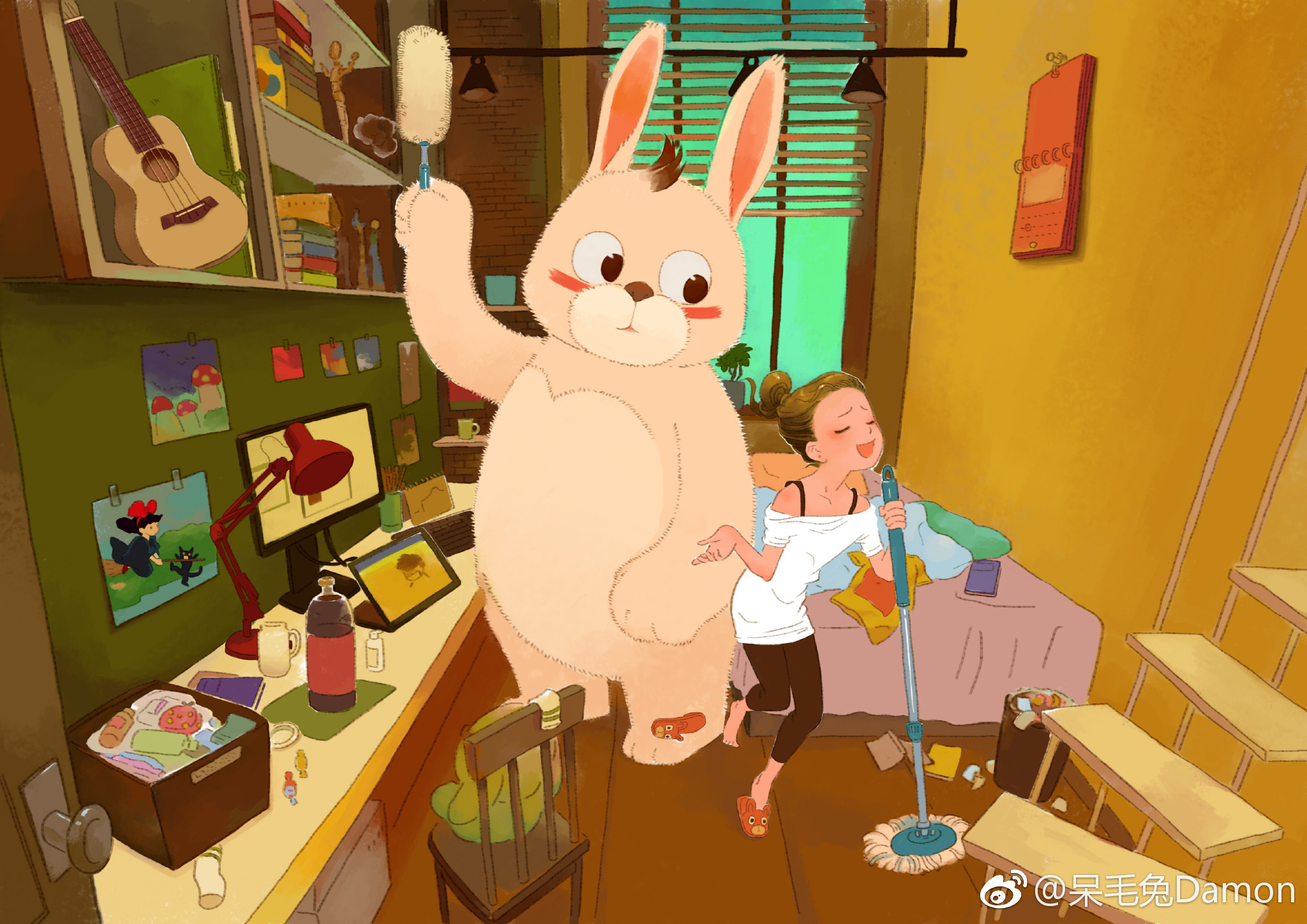 一组暖暖的插画~画里的呆毛兔一直陪伴着女孩~简直太暖心啦~ ‖.