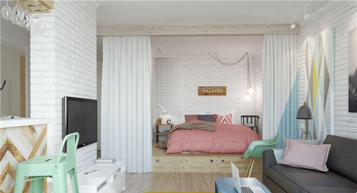 岸上澜湾一居51平装修样板间 色彩柔和的北欧风格小户型公寓