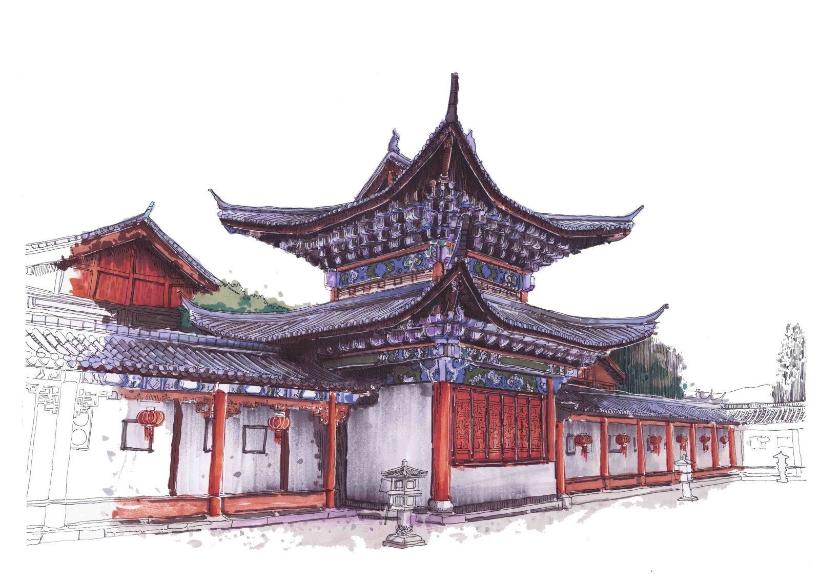 丽江木府手绘彩稿丨程文瀚