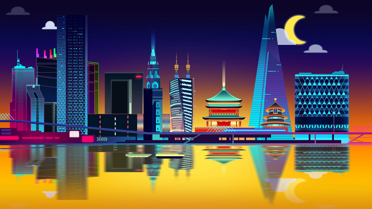 城市夜景插画cr网络微博美学