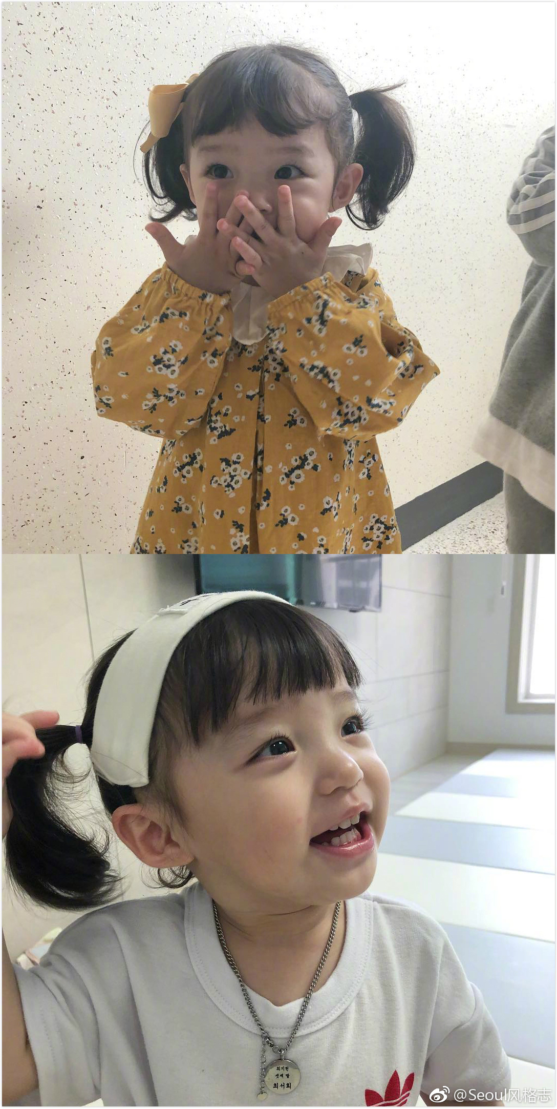 这位小宝贝的齐刘海短发和羊角辫实在是太可爱了