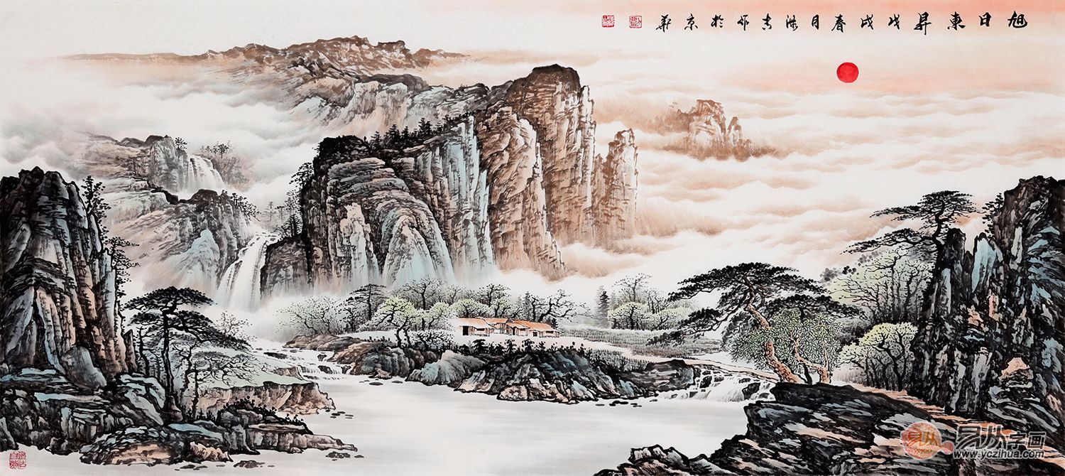 客厅背景画风水山水字画装饰景色优美雅致