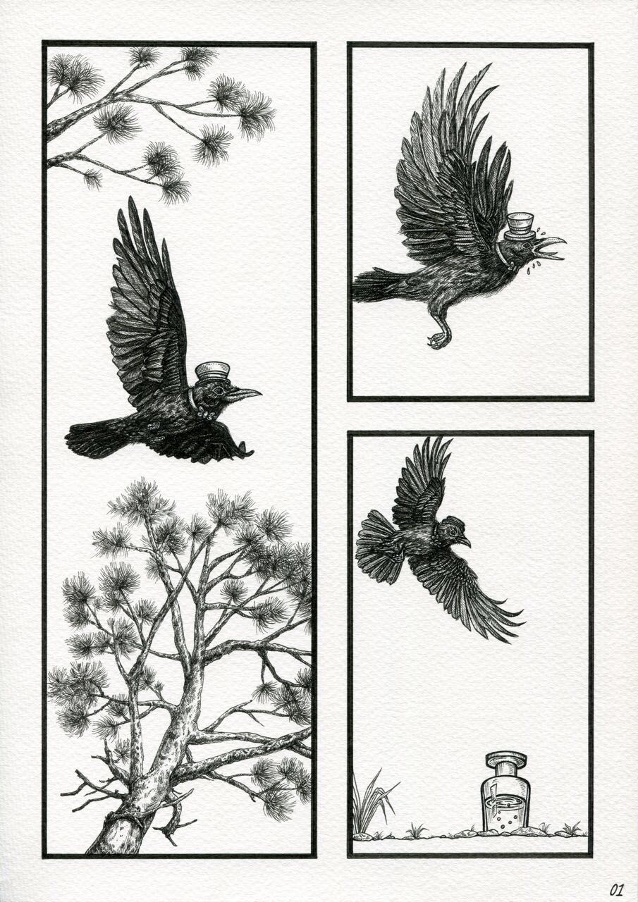 针管笔短篇漫画乌鸦喝水