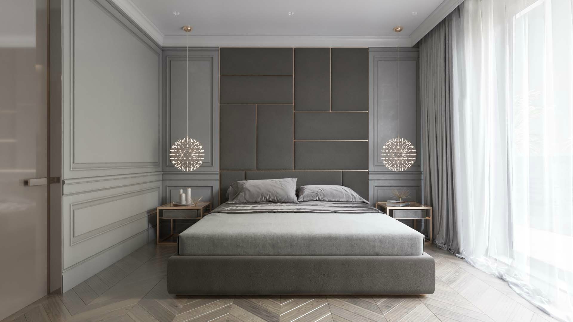 选择有反差质感的材料做床头背景以及精心的灯光布置,会让卧室的氛围