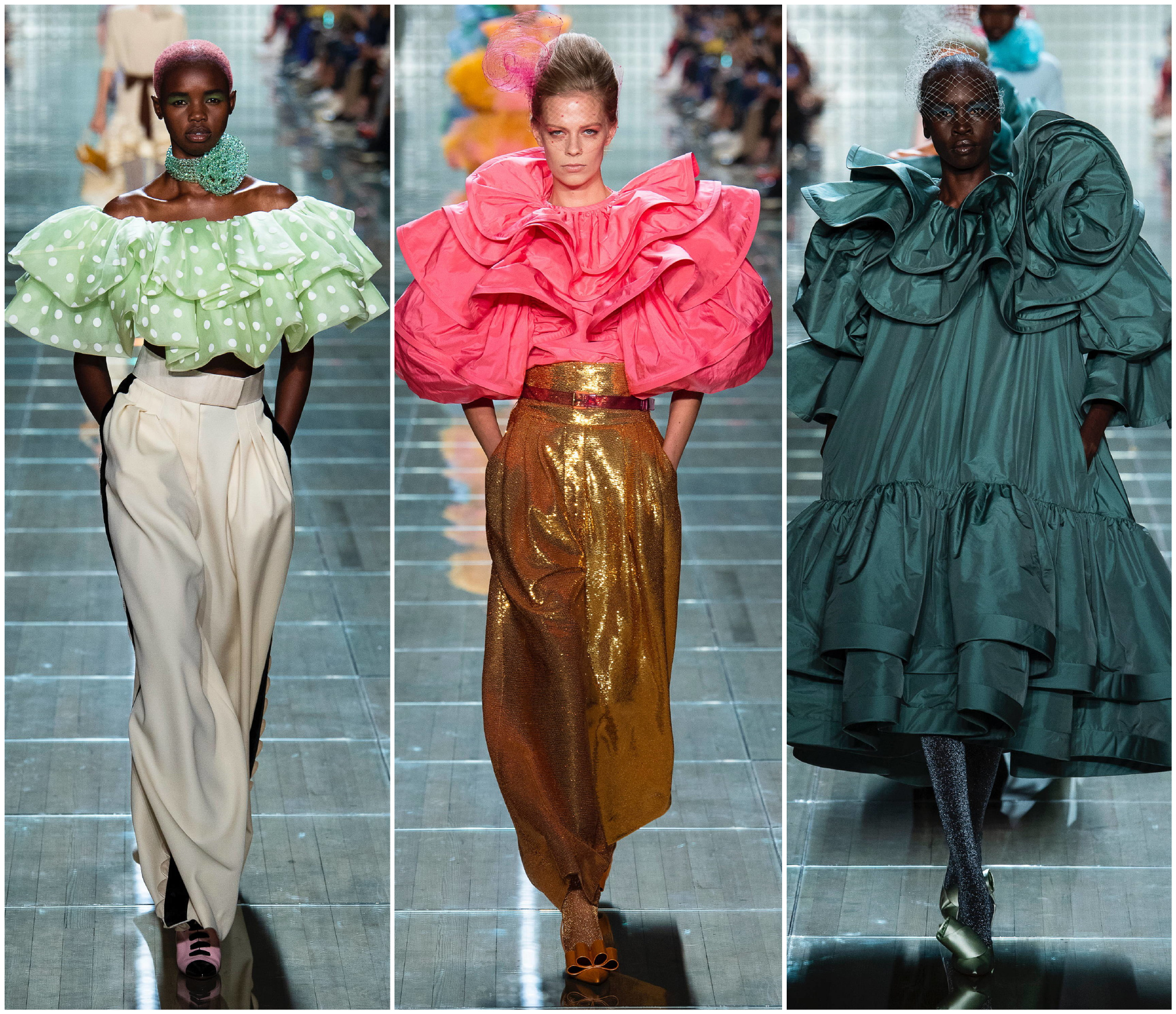 marc jacobs s/s 2019 | 宽肩大廓形西装/大荷叶边坠饰礼服/礼帽面纱