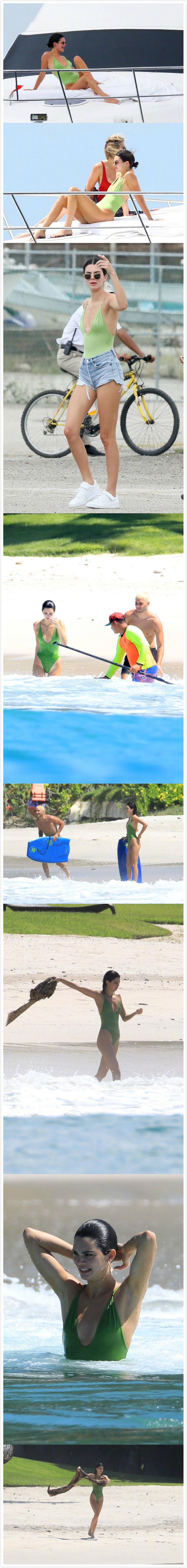 肯豆kendalljenner身穿gooseberry绿色连体泳衣和男友本西蒙斯在