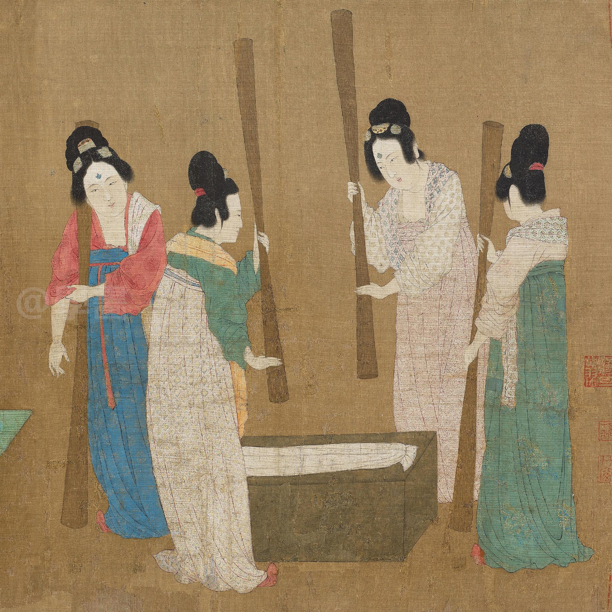 《捣练图》和周昉《簪花仕女图》,《挥扇仕女图》以及晚唐的《宫乐图