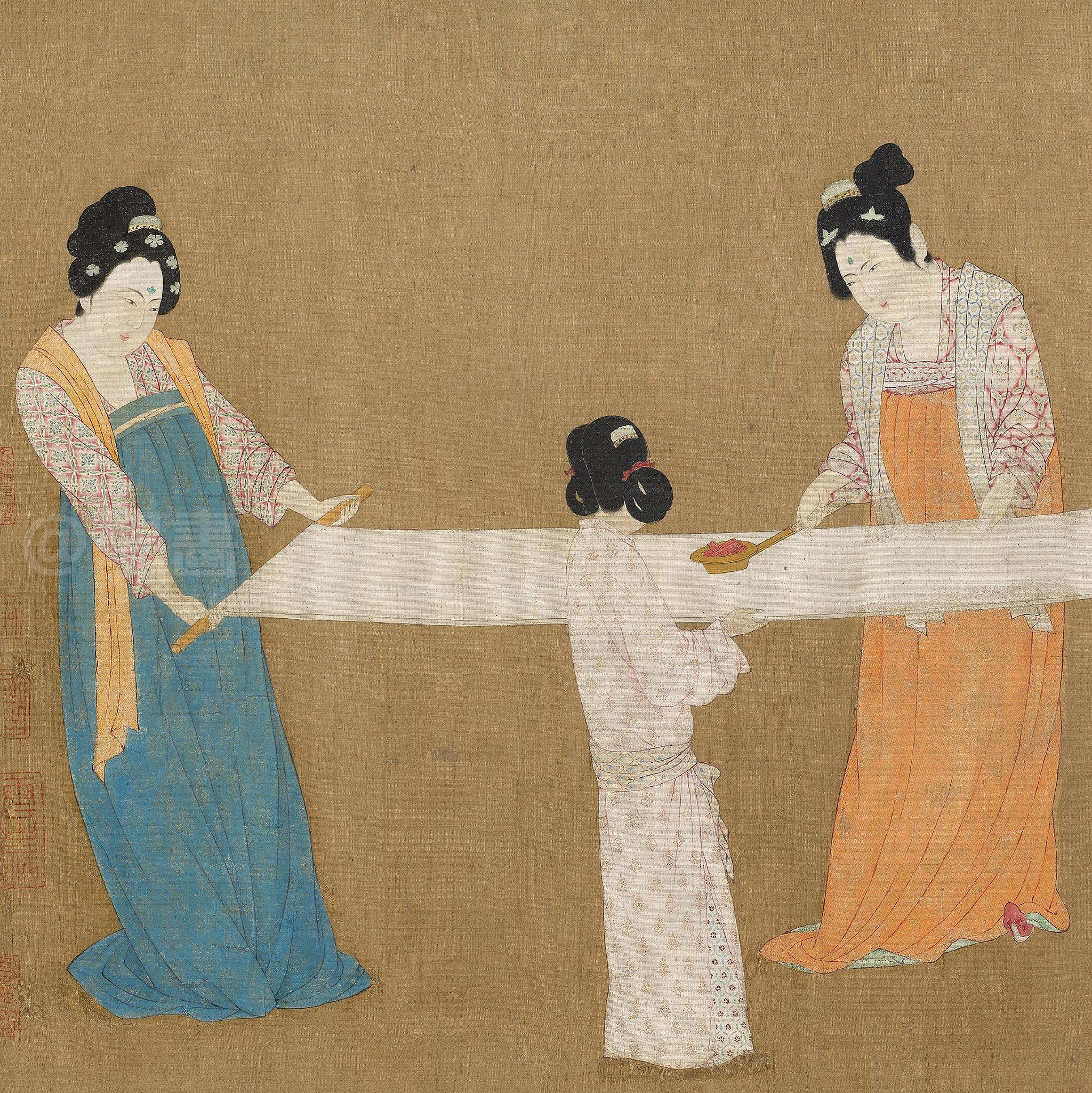 《捣练图》和周昉《簪花仕女图》,《挥扇仕女图》以及晚唐的《宫乐图