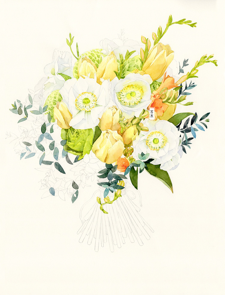 《春之精灵》花束水彩绘画步骤图来自画师@苏木--summer