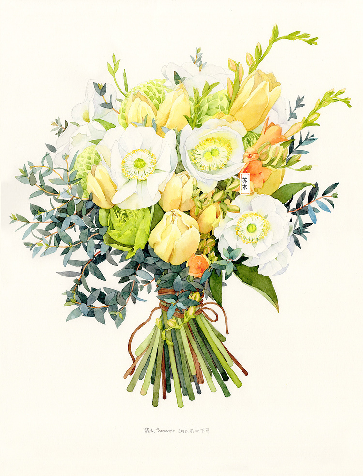《春之精灵》花束水彩绘画步骤图来自画师@苏木--summer