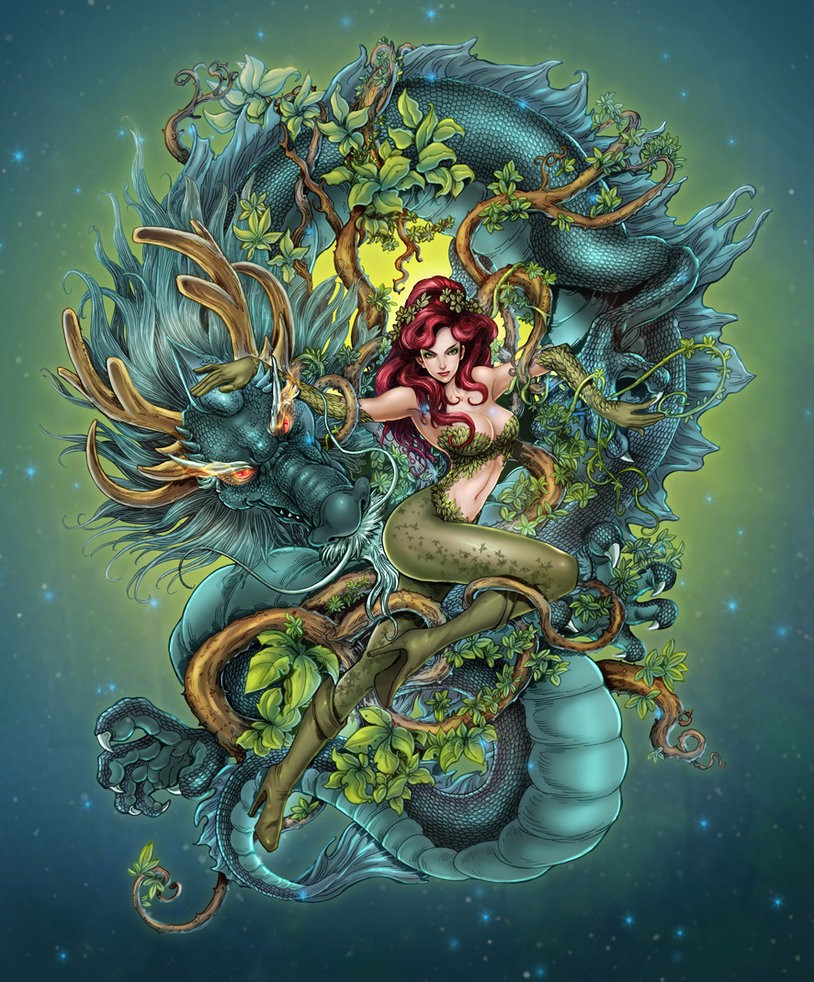 插画龙植物美女完美组合的传奇插画