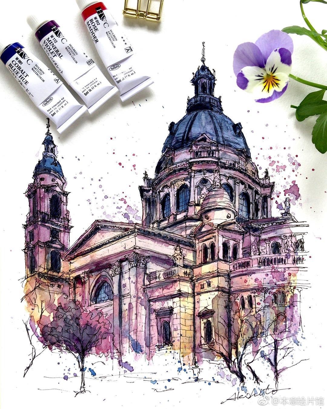 艺术家akihitohorigome建筑水彩作品一组inshoriaki2