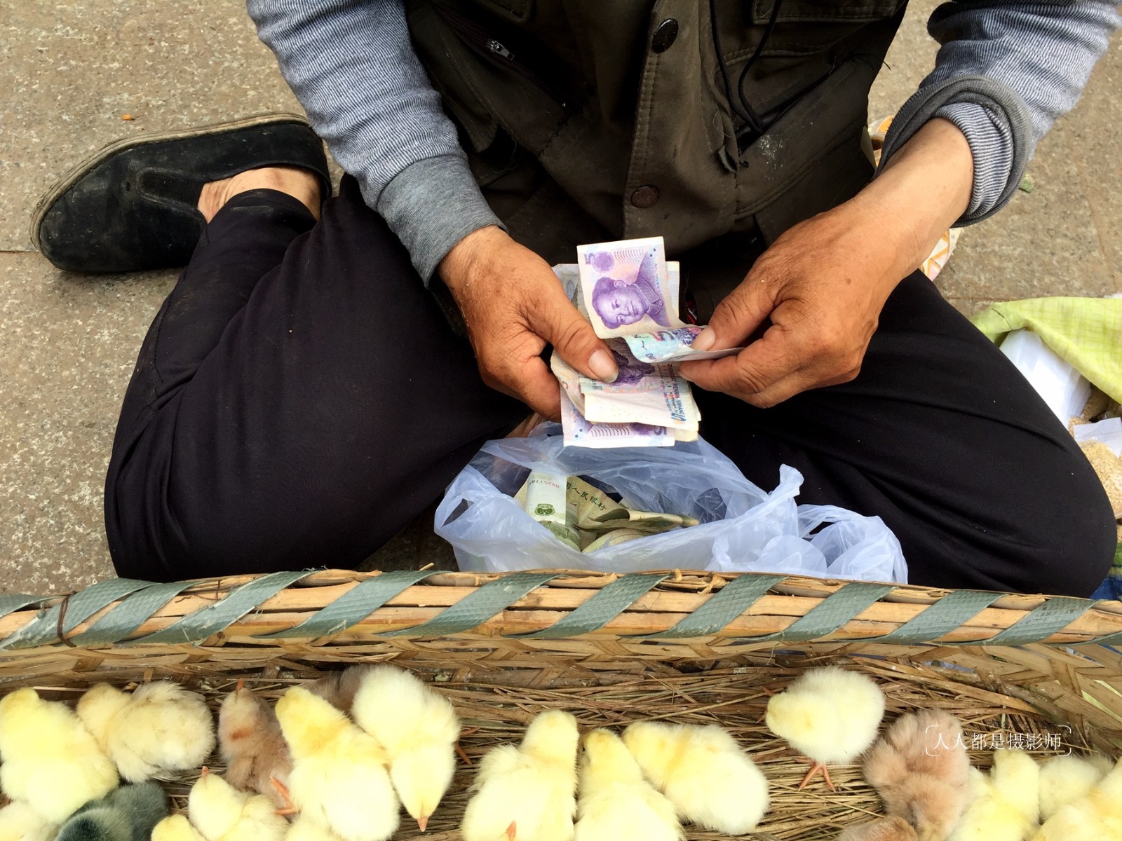 市黄陂区盘龙城的一个小区门口,来自黄陂农村的李大爷,正在售卖小鸡娃