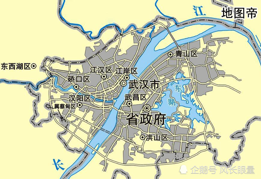 从武汉市的地图中可以看到,汉口区域如今是分为三个区:江岸区,汉江区