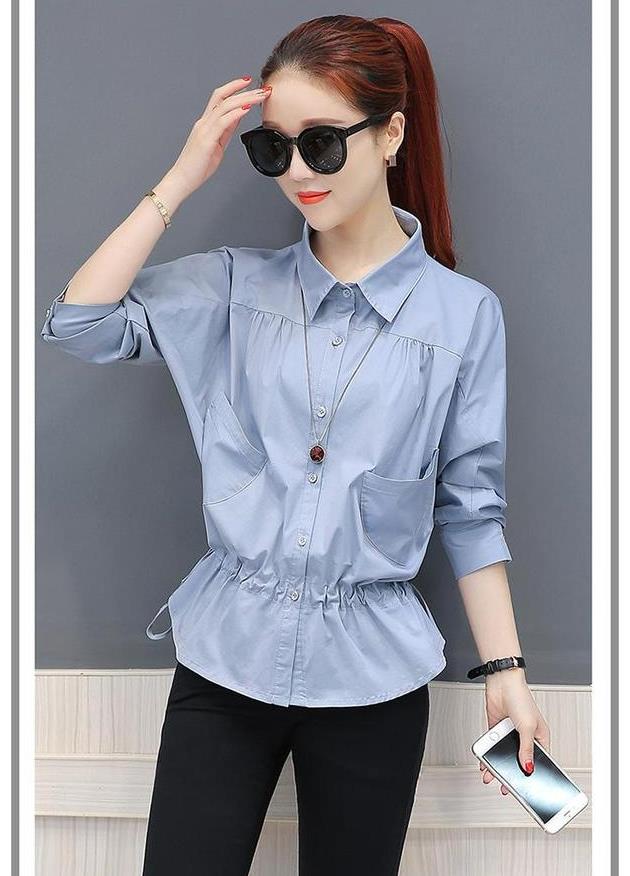 衬衫女2018春季新款韩版时尚纯色长袖修身收腰裙摆洋气春天上衣潮