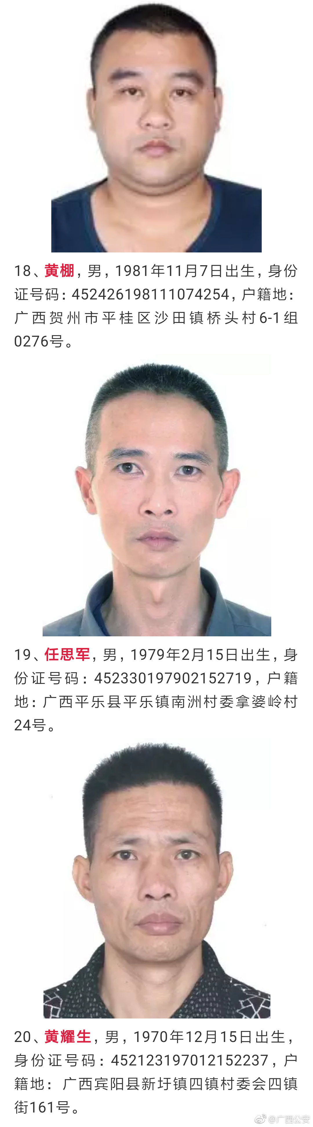 广西警方悬赏通缉这20名重大在逃毒品犯罪嫌疑人 看见他们请报警!