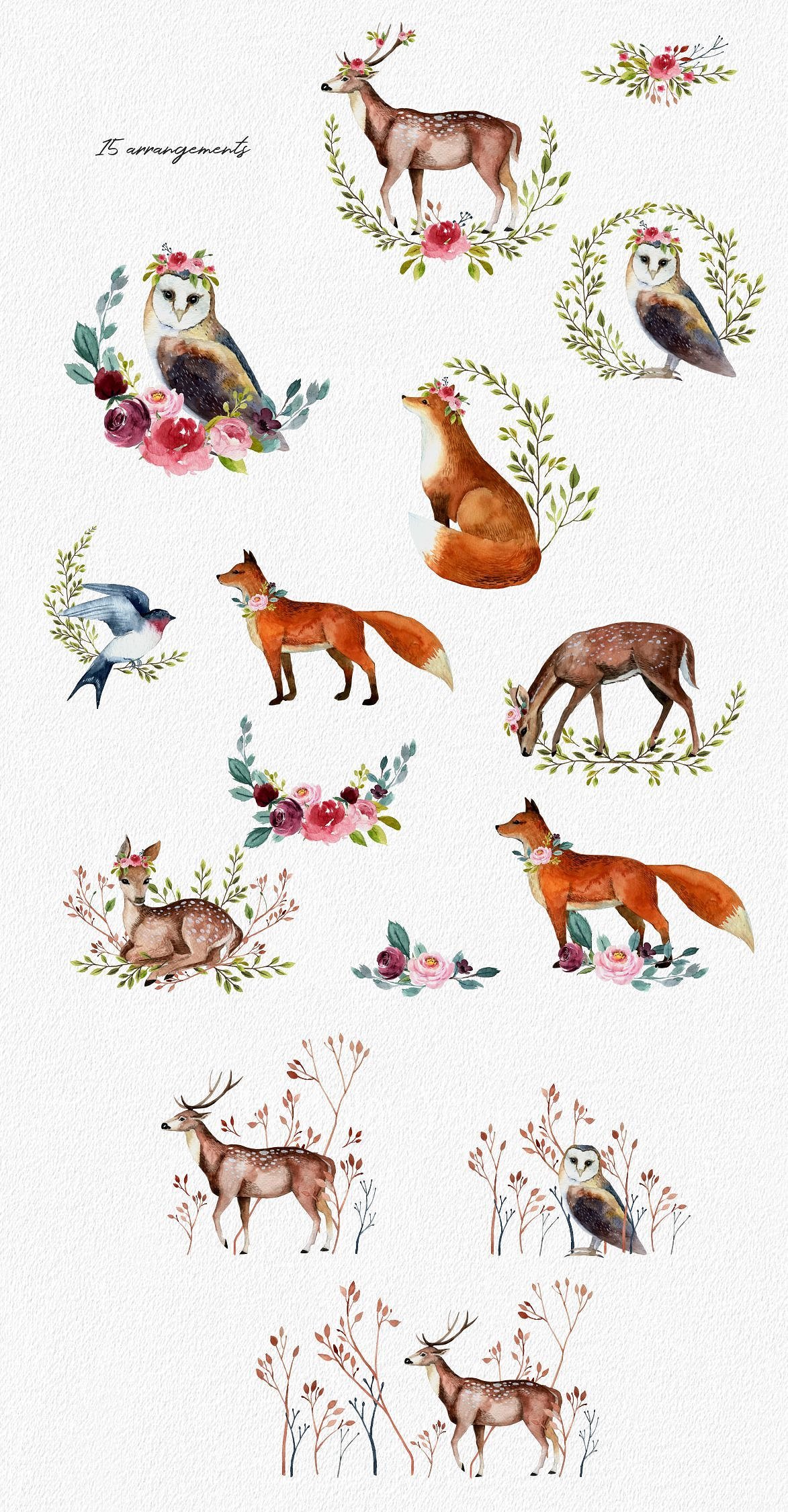 花圈文艺森系水彩花卉森林动物装饰图案png免抠设计素材更多详情