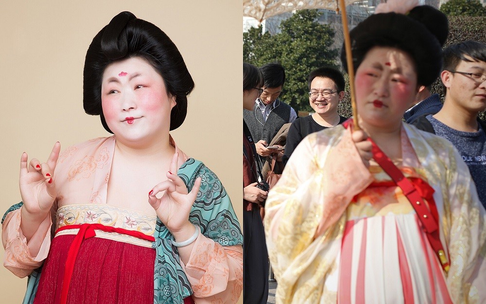 实拍上海街头行走的唐朝仕女表情包胖姑娘化妆2小时穿汉服上街