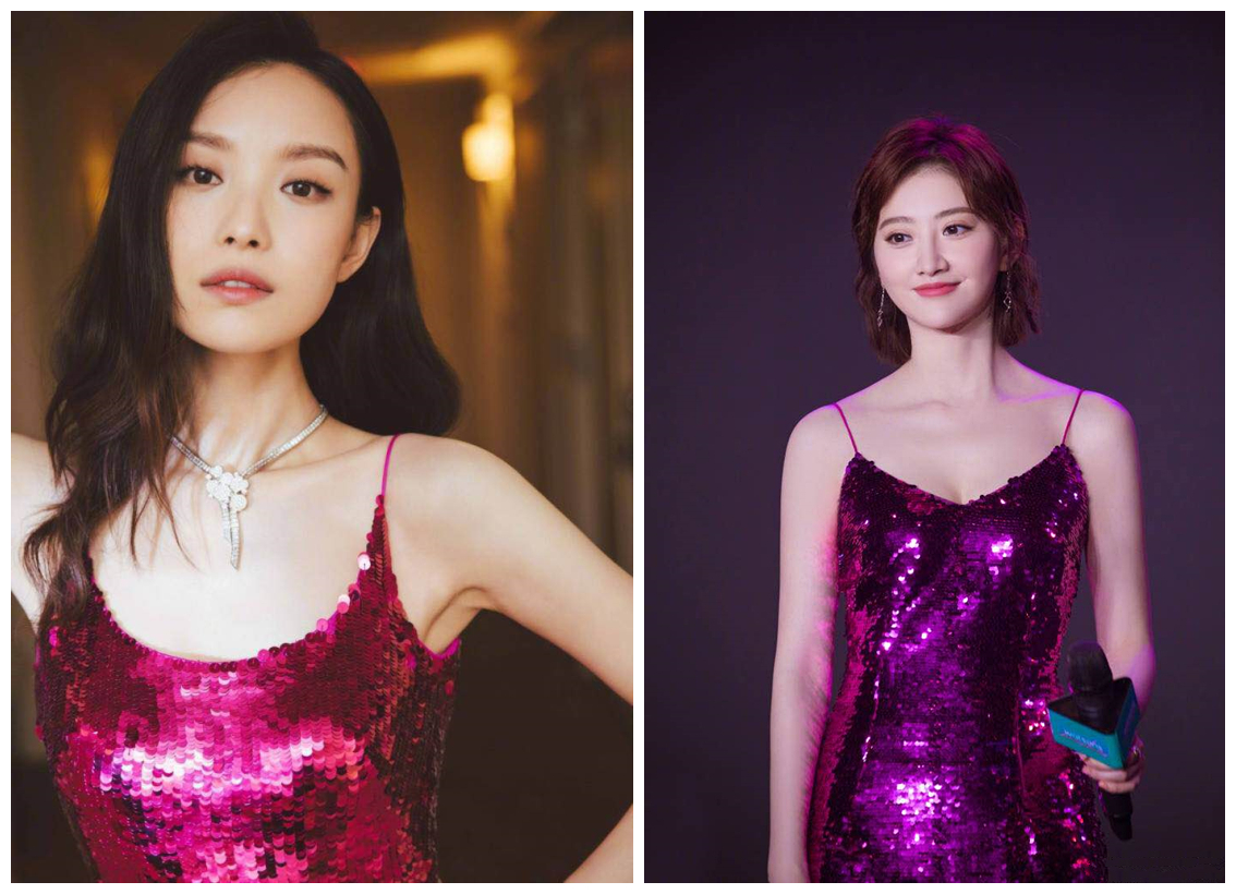 倪妮景甜同穿了玫红色亮片裙,终于知道美貌与气质哪个更重要!