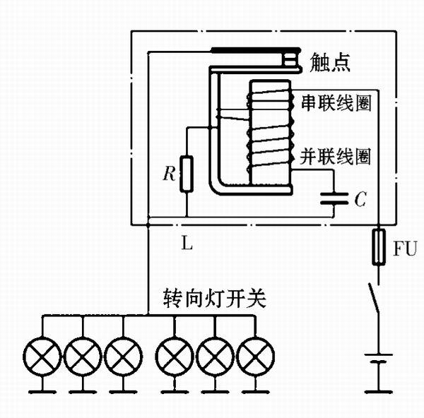接通转向灯开关后,串联线圈经触点,转向信号灯构成回路