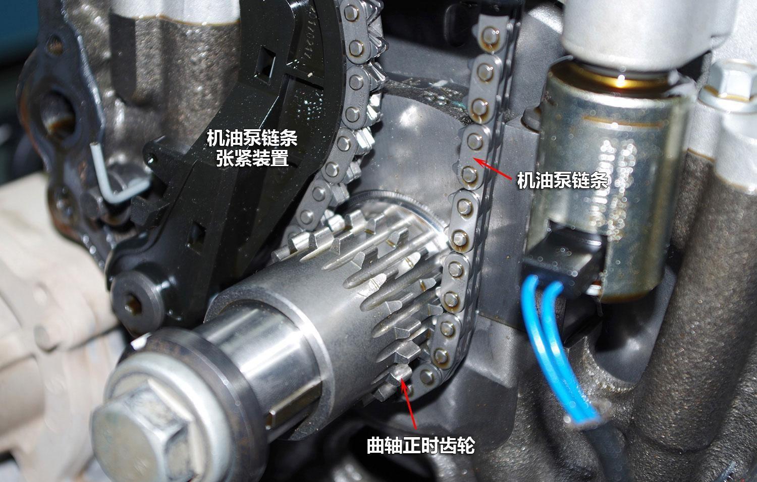 上图为正时组件中的链条导向板兼具张紧作用,通过自动张紧器为正时