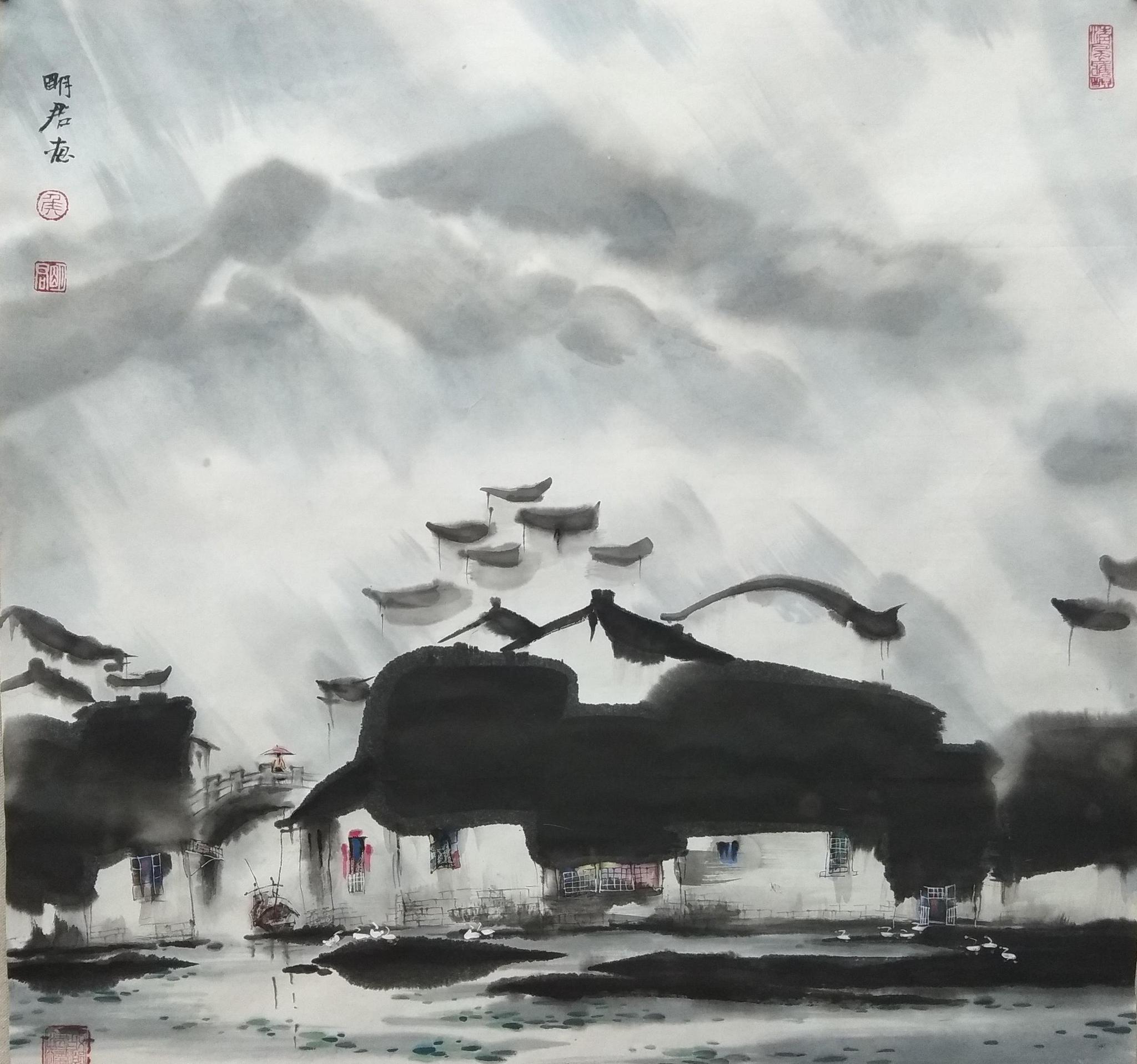 觅得湘音醉花鼓,梦里老屋是家乡——读侯明君的水墨新作