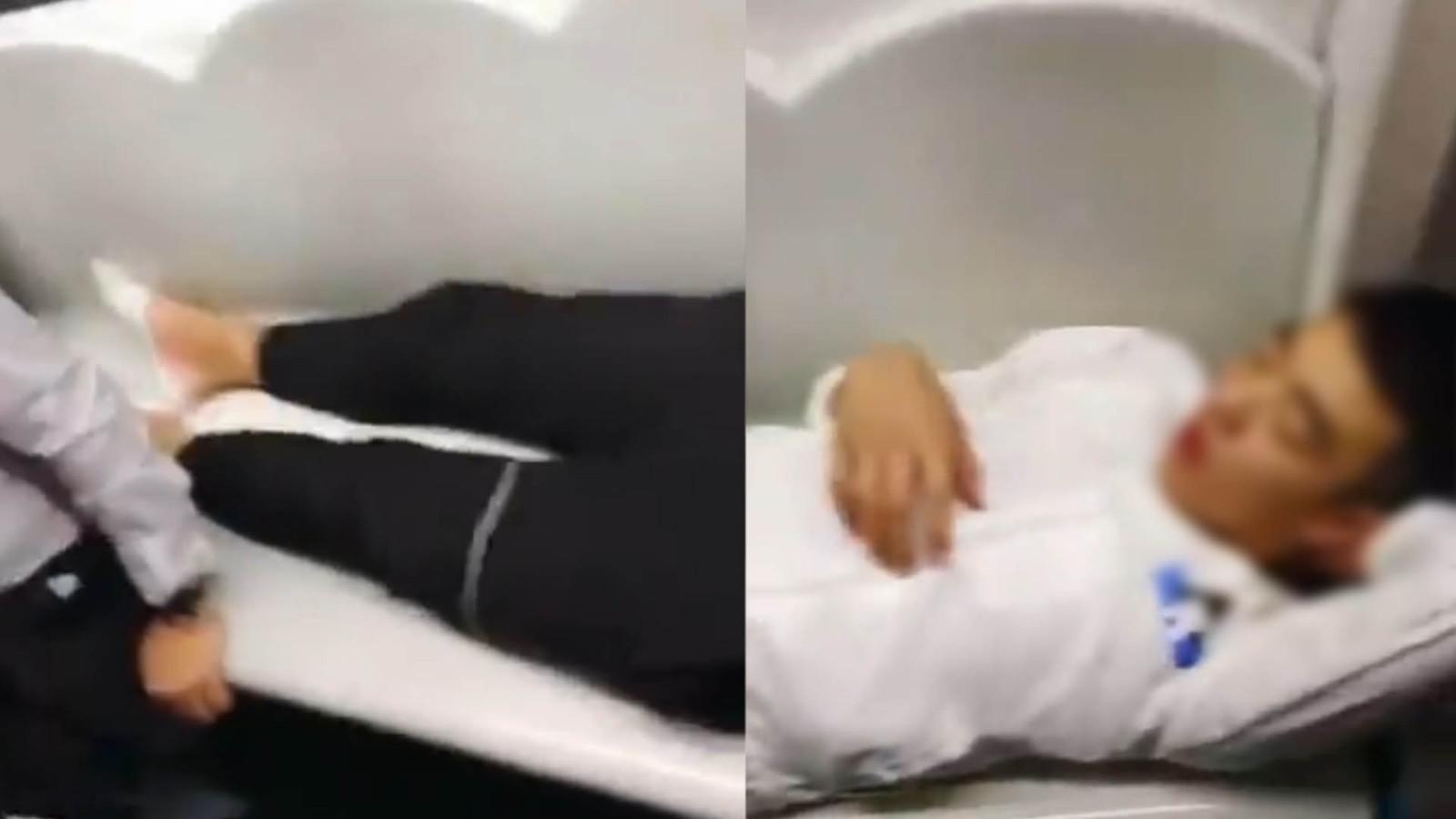 地铁惊现霸座男 男子早高峰脱鞋躺占4个座睡觉