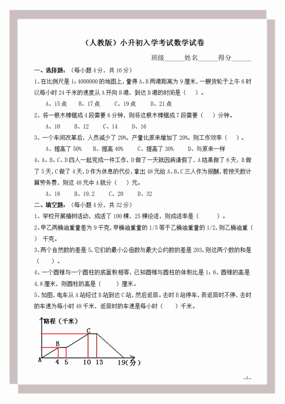 初入学考试数学模拟试卷出来,希望可以帮助到面临小升初考试的孩子们