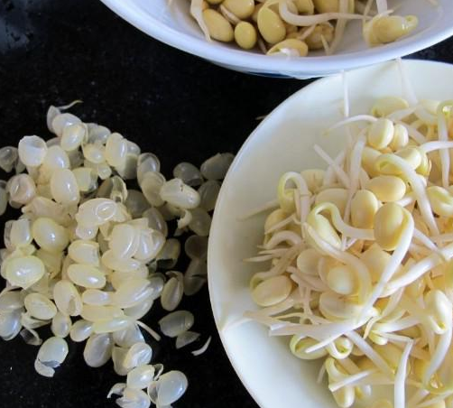 方法二: 也可以用一个大的容器装入水(最好是圆的),把带皮的豆芽放入.