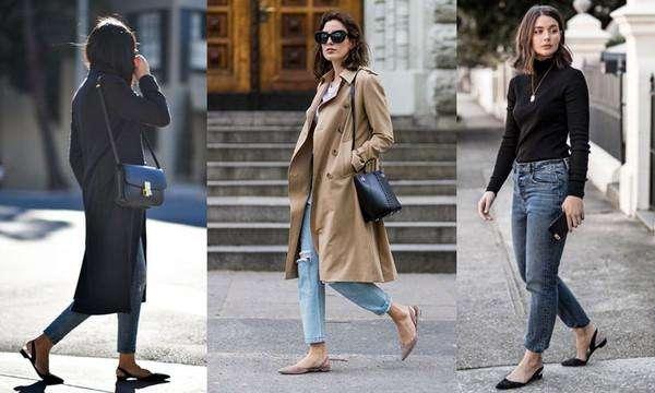 裸跟尖头平底鞋在服装上的搭配,只要注意下身服装的长度比例,选择九分