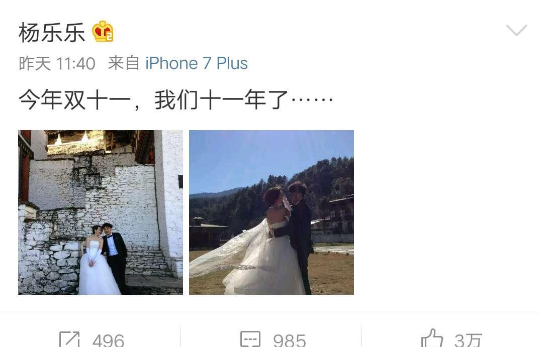 11月11日,杨乐乐发微博晒出自己和汪涵的结婚照,并配文称:"今年双十一