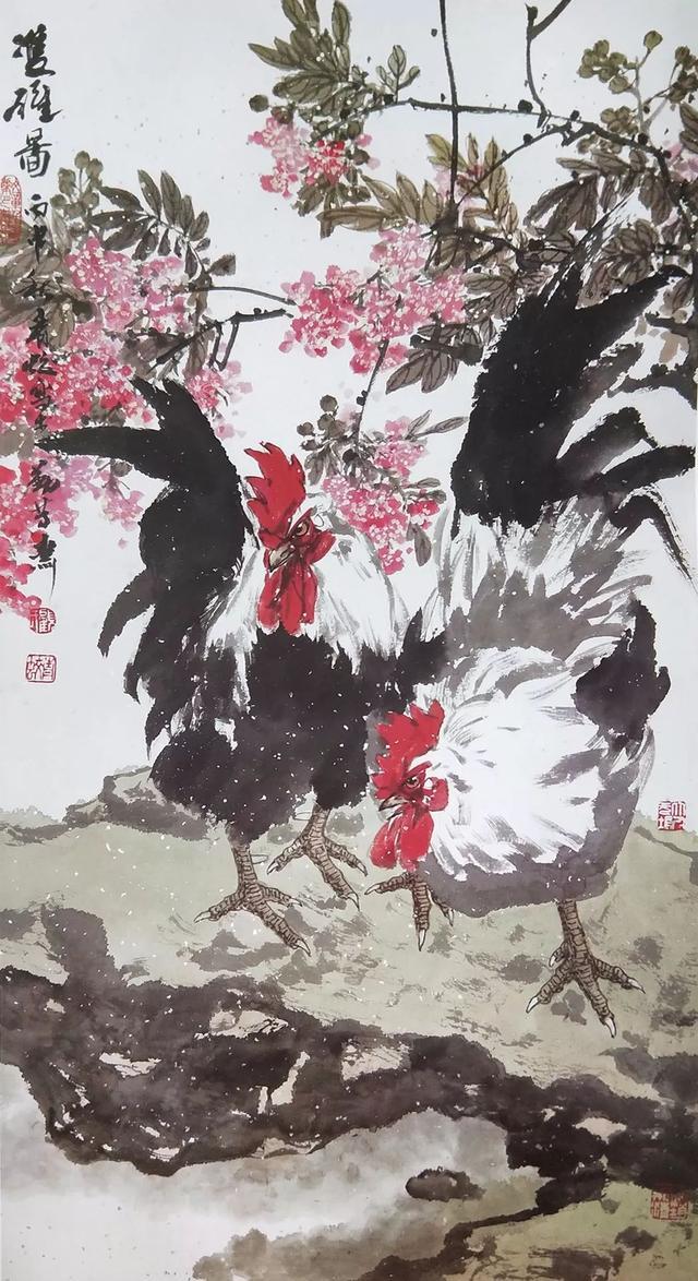 名家顾青蛟绘画系列作品三雄鸡纳福独具神韵