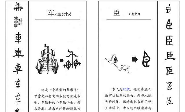 "车"的甲骨文,金文写法好逼真;"臣"的本意是奴隶,取自"低额顺眉"的