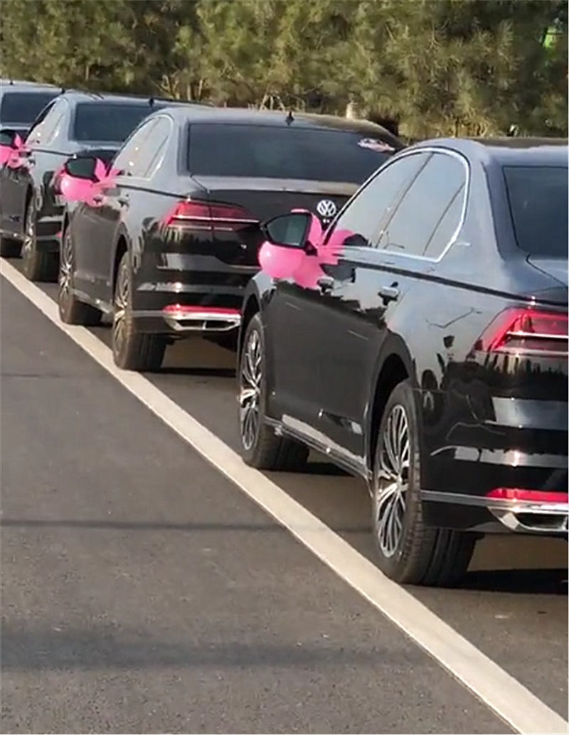 这样一排大众辉昂做婚车,外后视镜全部都装上粉色的气球,看起来十分