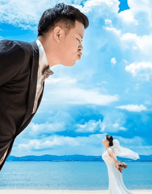 情侣海边拍趣味婚纱,两人化身嘟嘟嘴,成片却像是路人