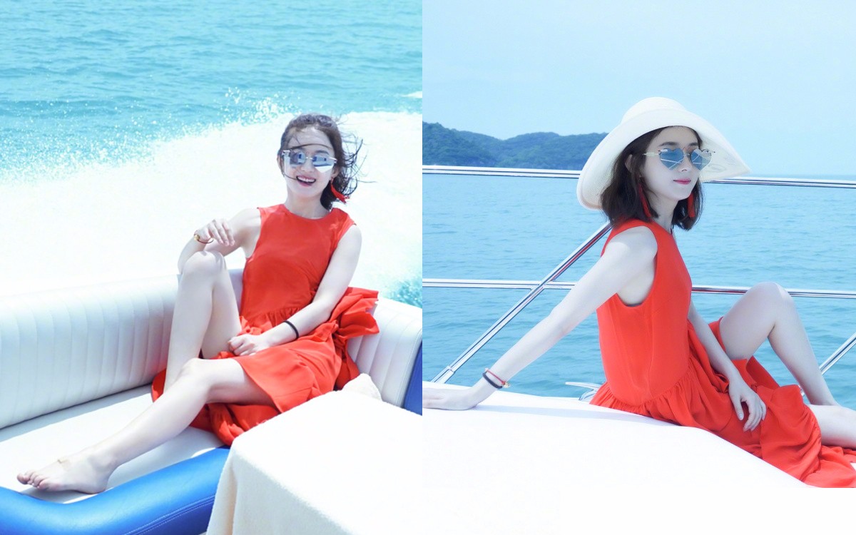 赵丽颖晒海边度假美照,阳光下亮眼打扮墨镜都是爱你的形状