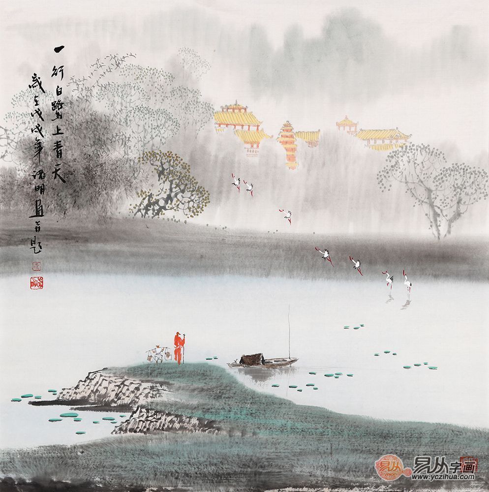 玄关装饰画欣赏一:一行白鹭上青天,烟雨朦胧意境深!