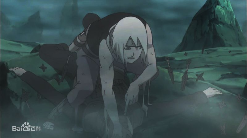 鬼灯满月栗霰串丸黄色刺状长发,脸上戴着雾隐暗部面具,四肢细长,其