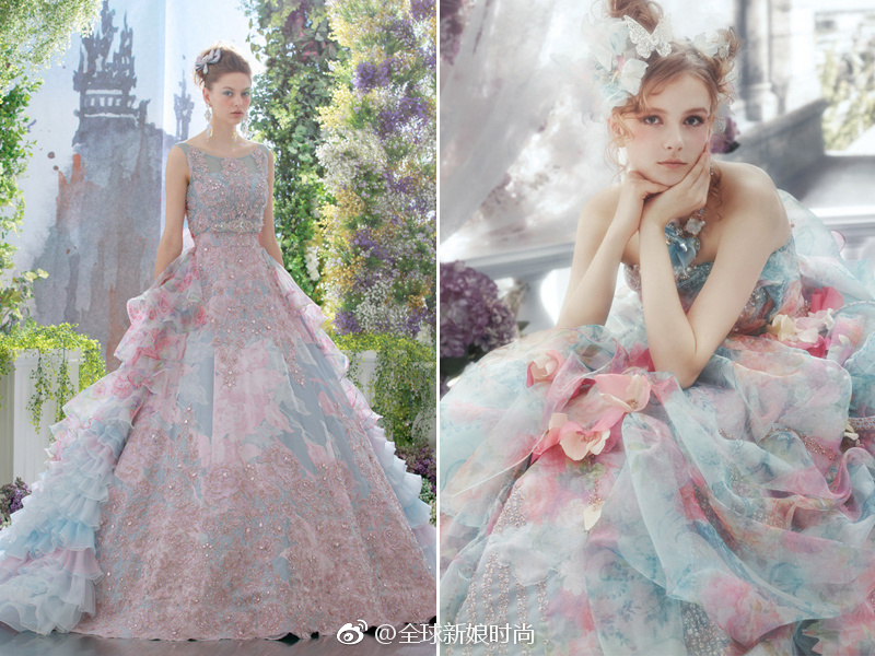 粉红与蓝的完美公主风新娘婚纱