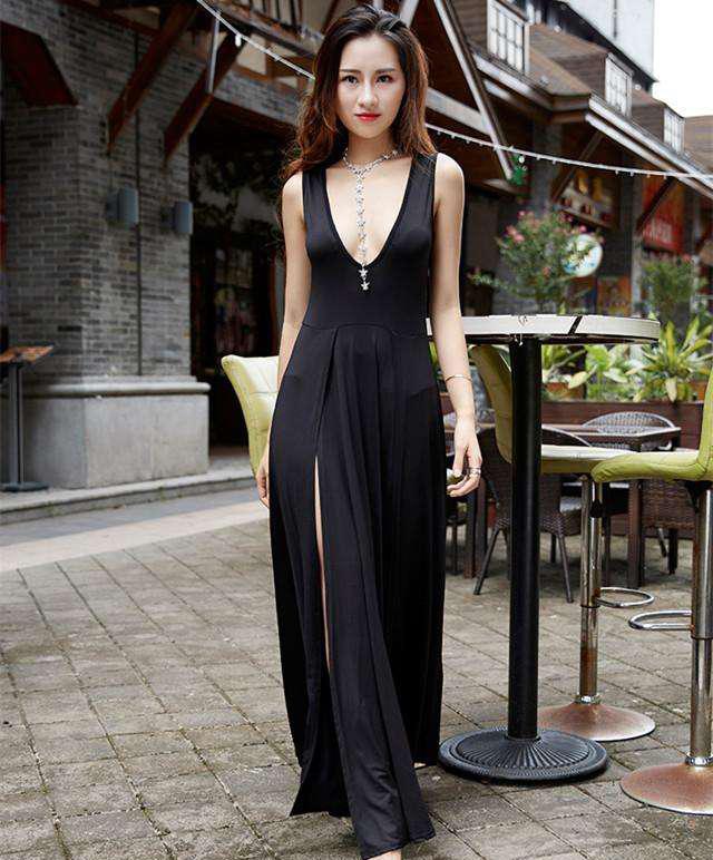 黑色深v高开叉连衣长裙美女, 由内而外散发女人味