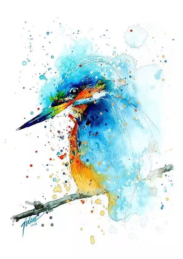 水彩颜料的由浓渐淡泼墨写意的渲染加写实线条的勾勒